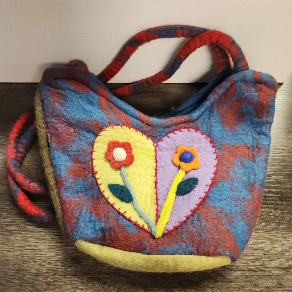 Vintage Handmade Felted Wool Double Strap Bag Purse Boho Hippie‎ Flower Tie Dye